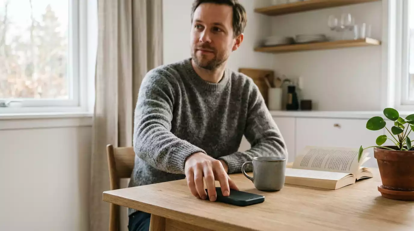 Person sætter telefonen fra sig på et bord og tager en bevidst pause fra spil