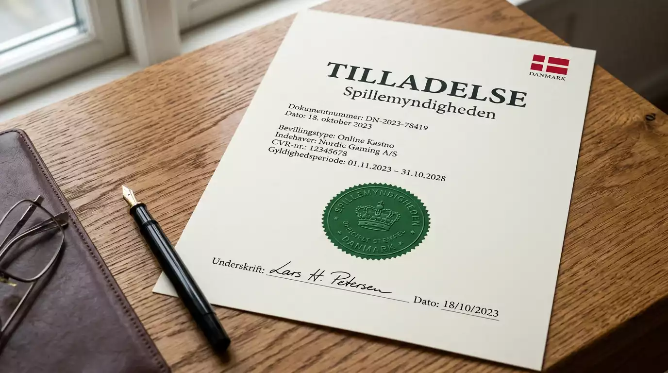Officielt dansk dokument med Spillemyndighedens segl og en tilladelse til at udbyde spil