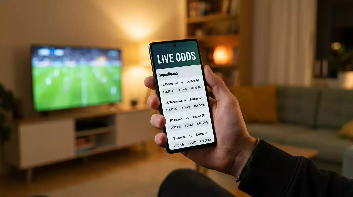 Mobiltelefon med live odds på en dansk Superliga-fodboldkamp i aftenlys