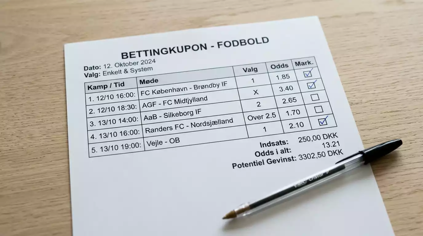 Spilkupon med flere fodboldkampe markeret og en kuglepen på bordet