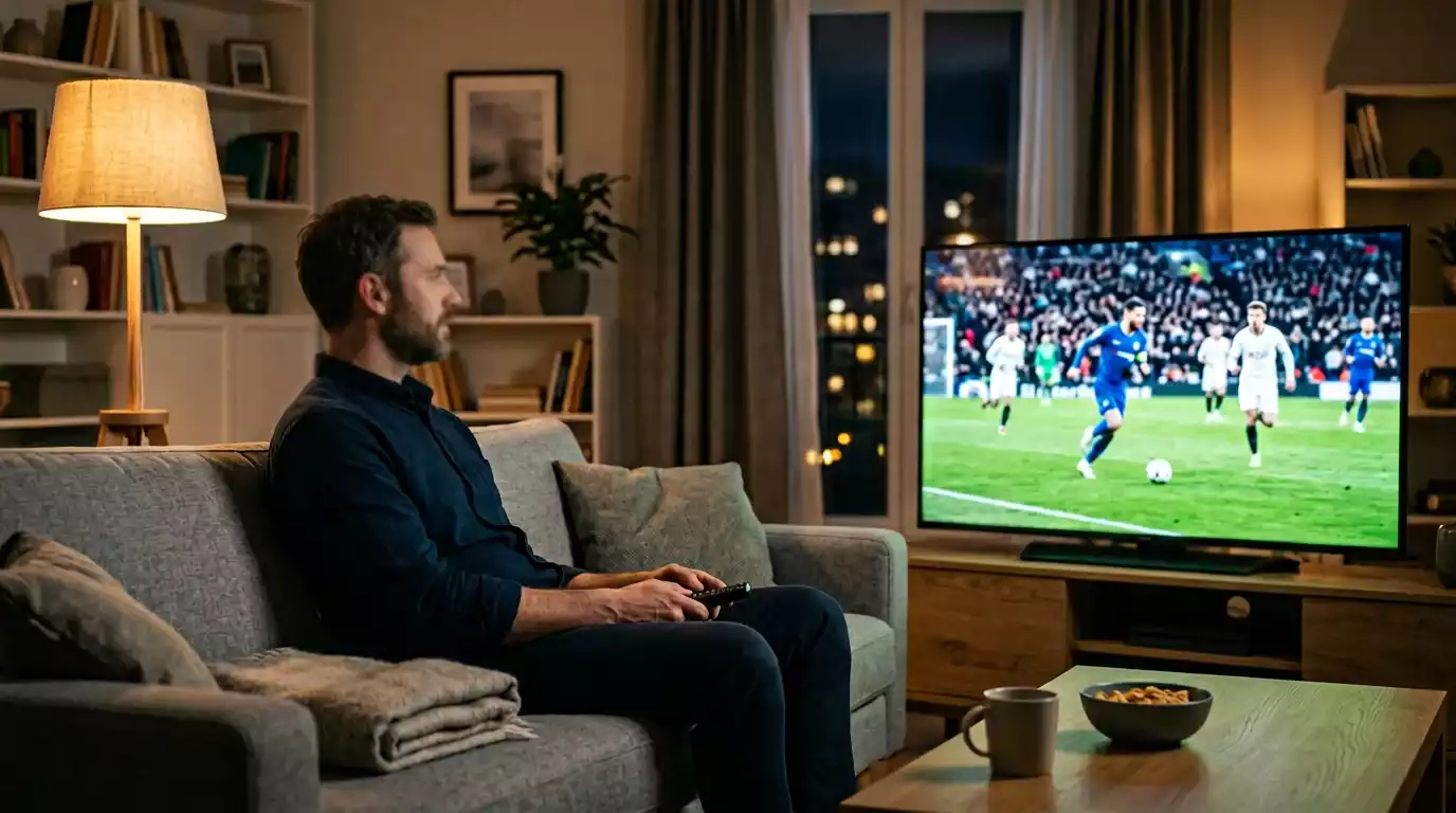 Ung mand med smartphone følger en live-fodboldkamp og placerer in-play væddemål