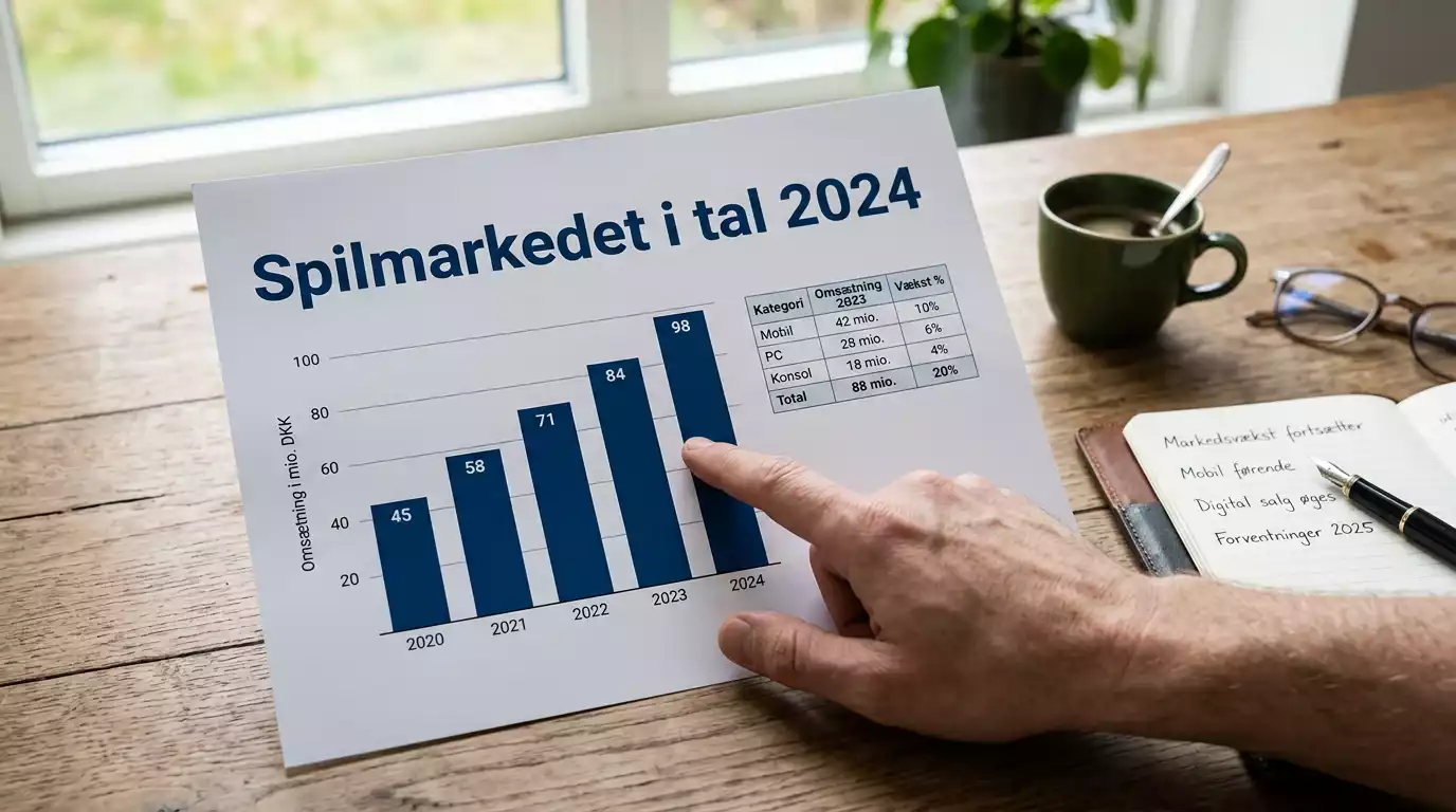 Analytiker gennemgår Spillemyndighedens årsrapport med markedstal på et skrivebord